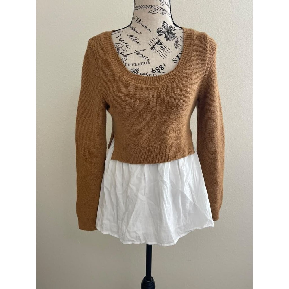 Anthropologie Mixed Media Layered Sweater Shirt XS Brown White LongSleeve Preppy